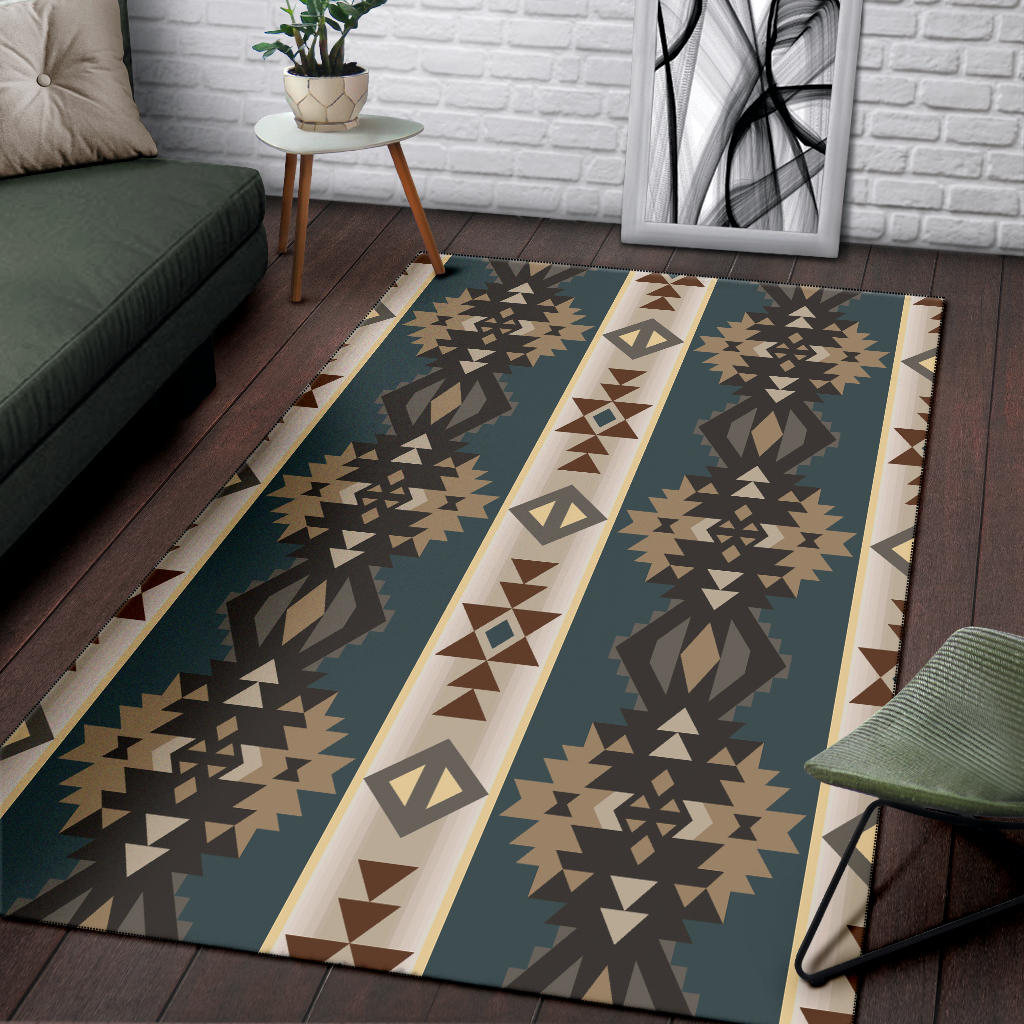 Geometric teal area rug with Navajo-style stripes, brown and tan motifs, bordered edges