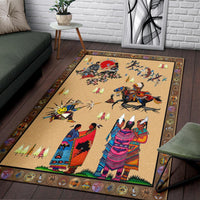 Beige Native American style area rug with horse rider, standing figures, and flying birds