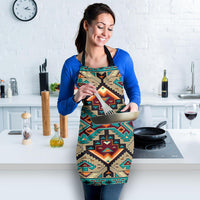 Native American geometric apron in teal and tan with orange accents; front pocket while cooking.