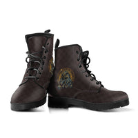 Brown Viking boots, front view with two blue-gold emblems and lace-up closure