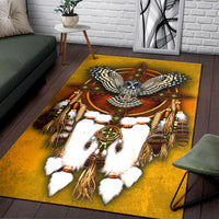 Yellow native-style owl dreamcatcher rug with white feather shapes and hanging fringe