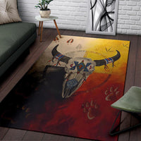 Bison medicine wheel area rug with yellow sky, red accents, and multicolor details