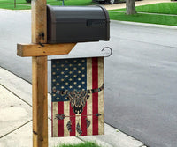 Buffalo head Native American flag decor on red, cream, and blue star-and-stripe design