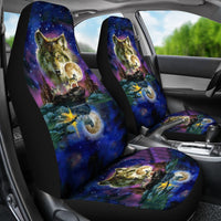 Car interior with wolf galaxy night sky seat covers: two front seats and matching cushion