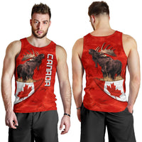 Red men’s tank top front and back styles with moose print and Canada maple leaf