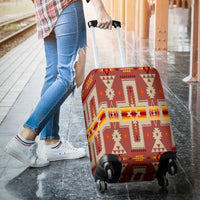Tan tribal luggage cover with orange and cream geometric shapes, LT10