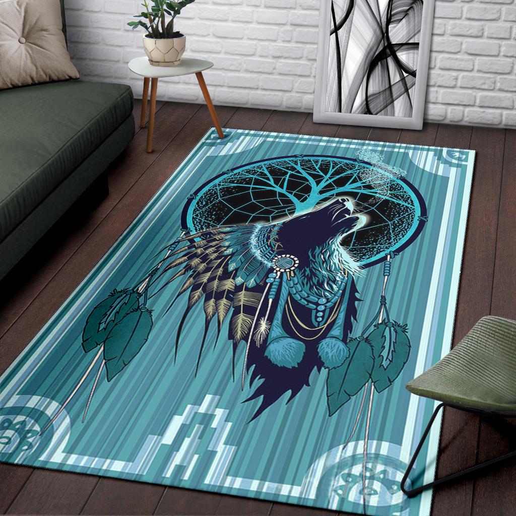 Teal Native-style rug featuring wolf chief with dreamcatcher and feathered headdress