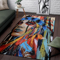 Multicolor area rug with close-up portrait artwork and vibrant plume details