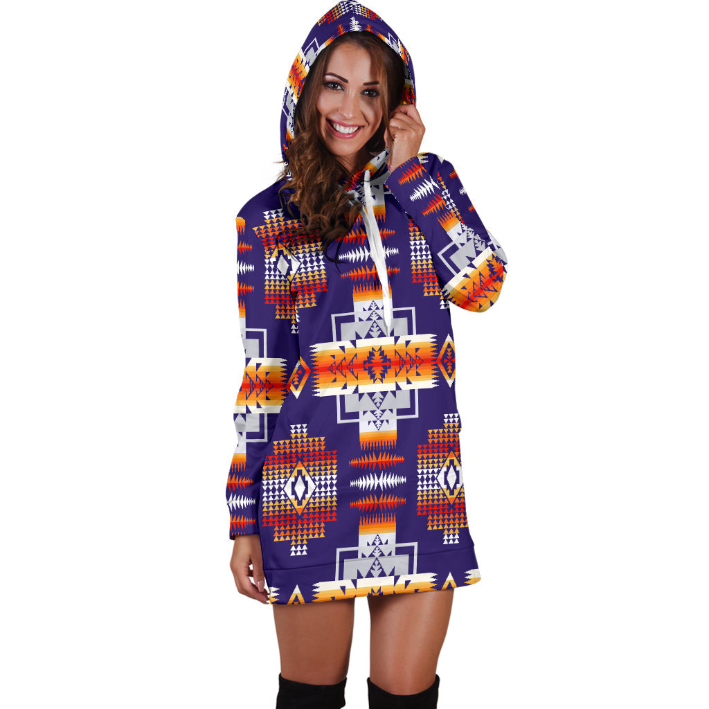 Purple pullover hoodie dress with colorful Native-style geometric print and hood