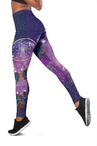 Side view of purple leggings with dreamcatcher rings and colorful butterflies, full length