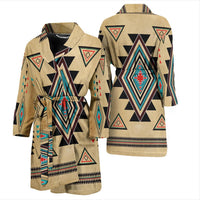 Tan southwest bath robe front and back shown, bold diamond patterns and tie belt