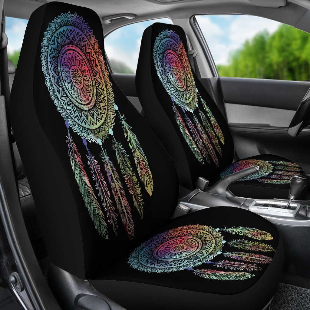 Installed car seat covers: multicolor dreamcatcher mandala with feathers on black fabric
