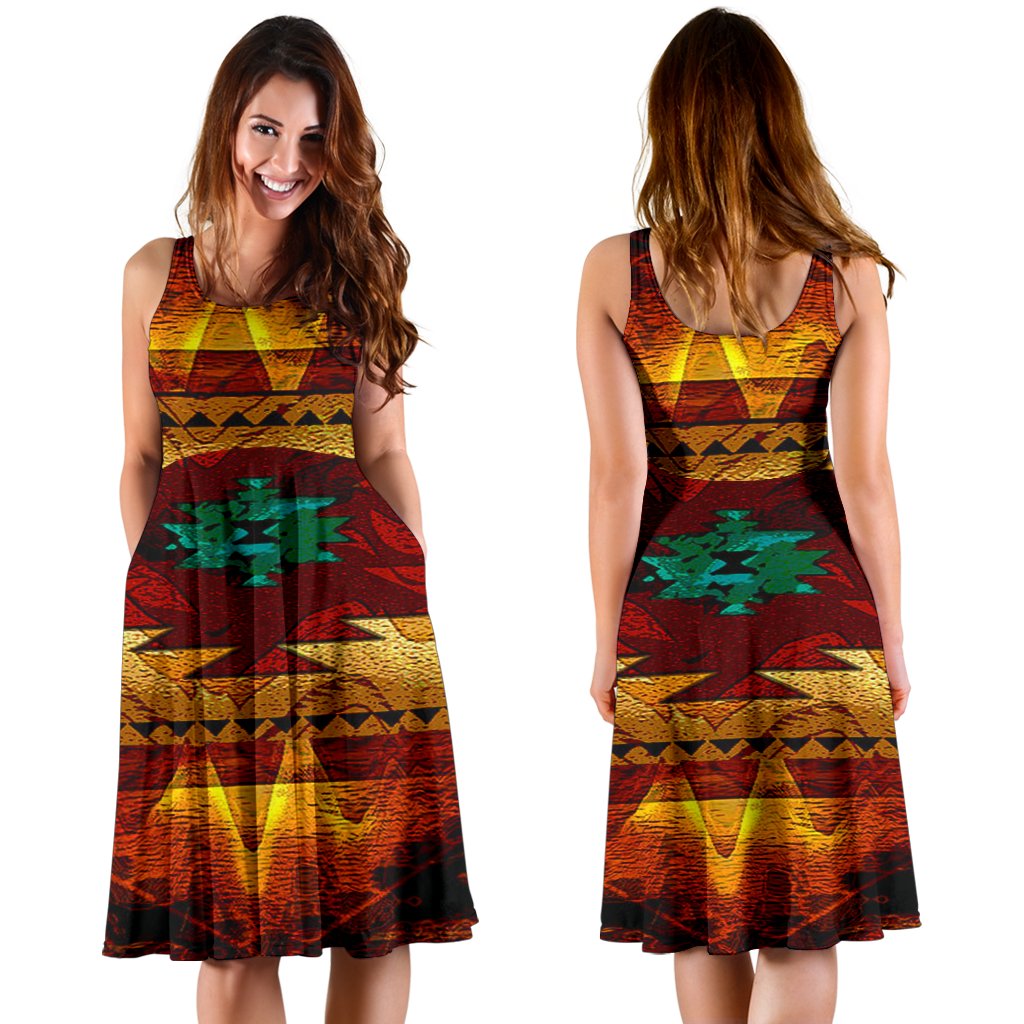 Front and back views of sleeveless 3D native-style dress, red/gold/green geometric print