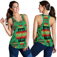 Green racerback tank worn front and back, multicolor geometric Native-style pattern