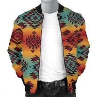 Bomberjacke mit buntem Tribal-Print und schwarzem Kragen, Reißverschluss vorn sichtbar