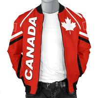 Canada men bomber jacket red with CANADA vertical print, maple leaf and zipper