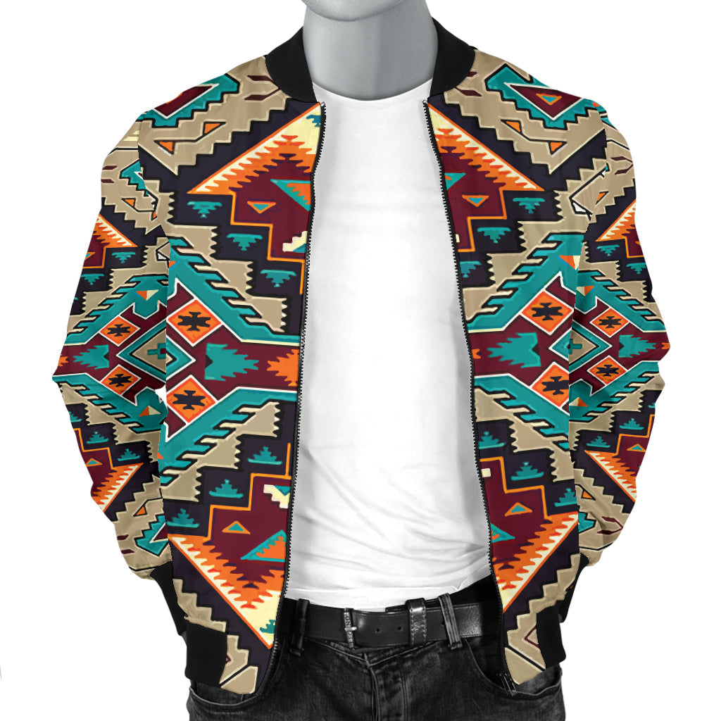 Men's bomber jacket, multicolor geometric print, stand collar with zipper