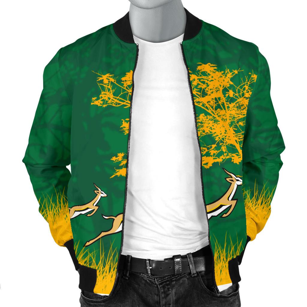 Green zip bomber with yellow tree and antelope graphic across front; black rib cuffs