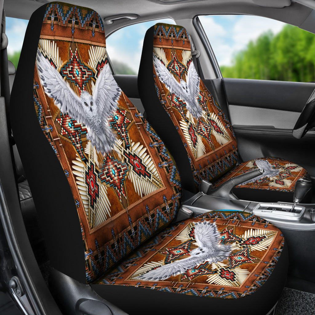 Installed car seat covers with owl mandala design, multicolor print, black side borders