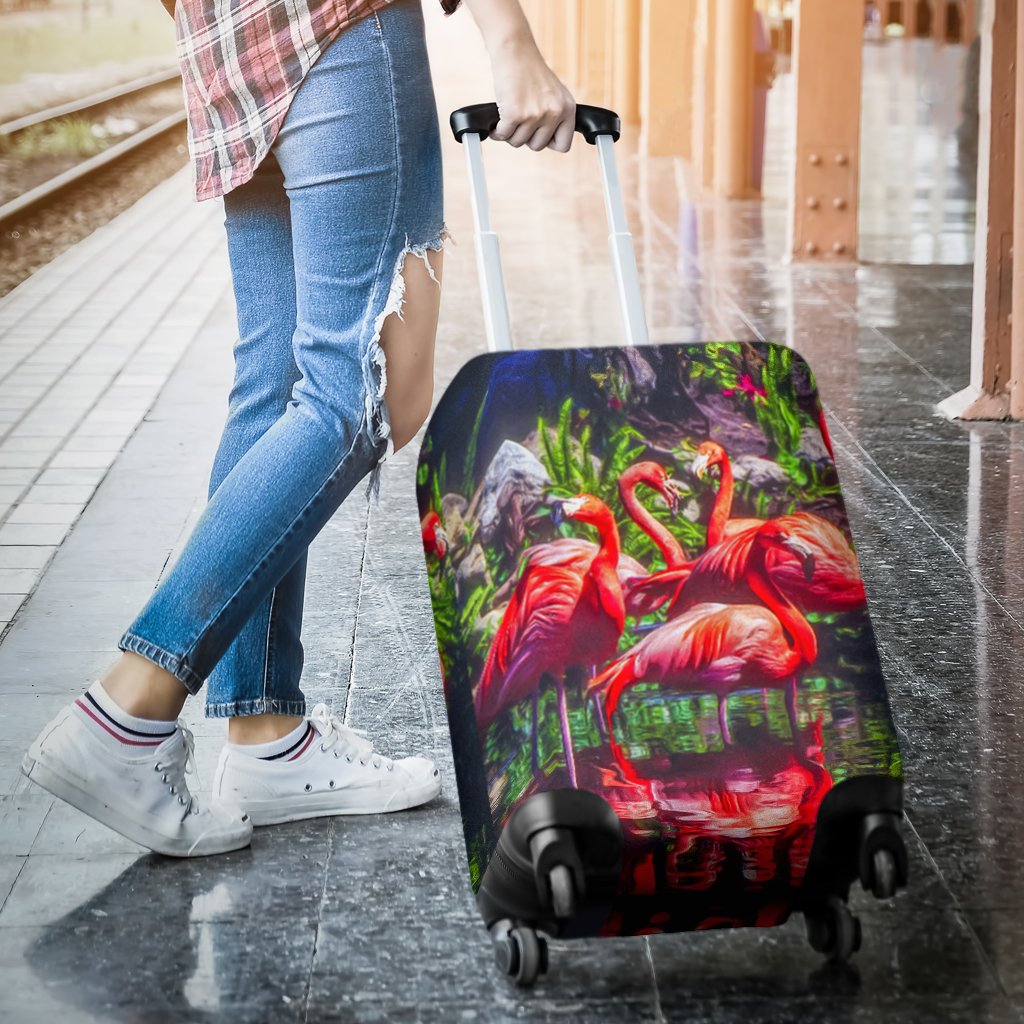 Flamingo luggage cover for a rolling suitcase, red flamingos and green plant pattern