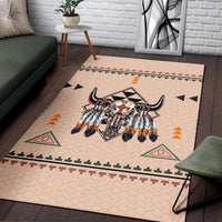 Beige bison area rug with multicolor geometric border and detailed bison motif