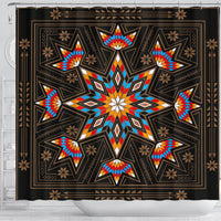 Black shower curtain close-up: colorful Native American starburst with diamond centers