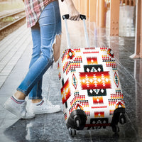 Multicolor native-style roller luggage cover with wheels and handle, low angle