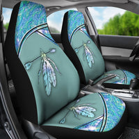 Wonder Print Shop LT10 seat covers—turquoise feather print with multicolor sections and black sides