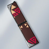 Brown foldable sun shade with Native geometric trim and buffalo emblem, silver edge