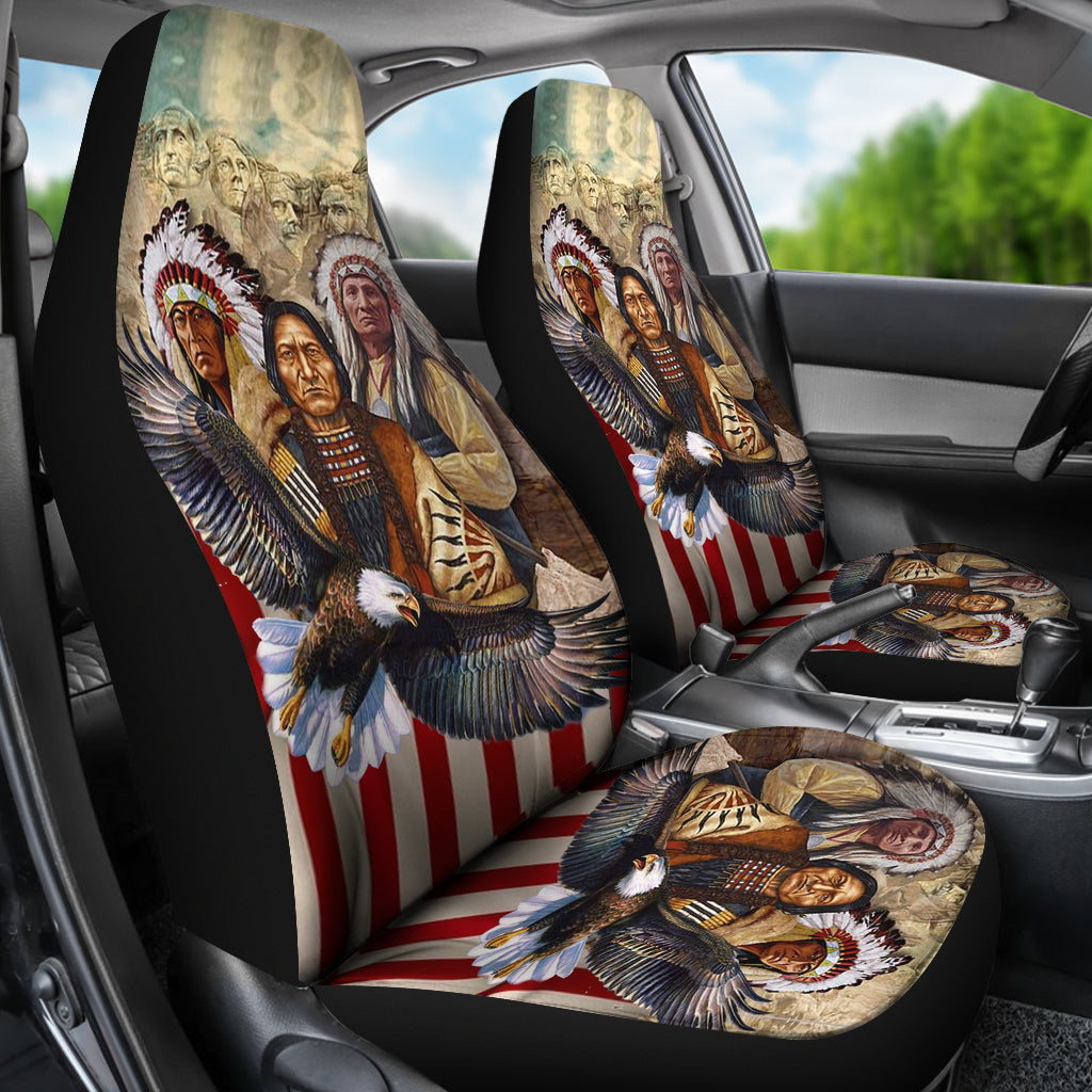 Installed car seat covers with multicolor eagle and Native American portrait print over stripes