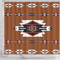 Brown shower curtain close-up of central multicolor geometric emblem