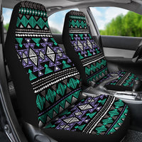 Car seat cover set with neon tribal print on headrests and seat panels, teal and purple