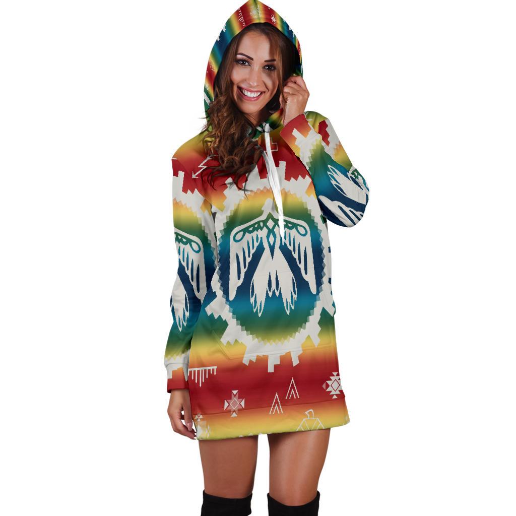 Multicolor hoodie dress with hood up, large eagle emblem, and short tunic length