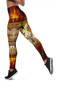 Side view leggings showing owl feathers, dreamcatcher-style circles, and fringe details