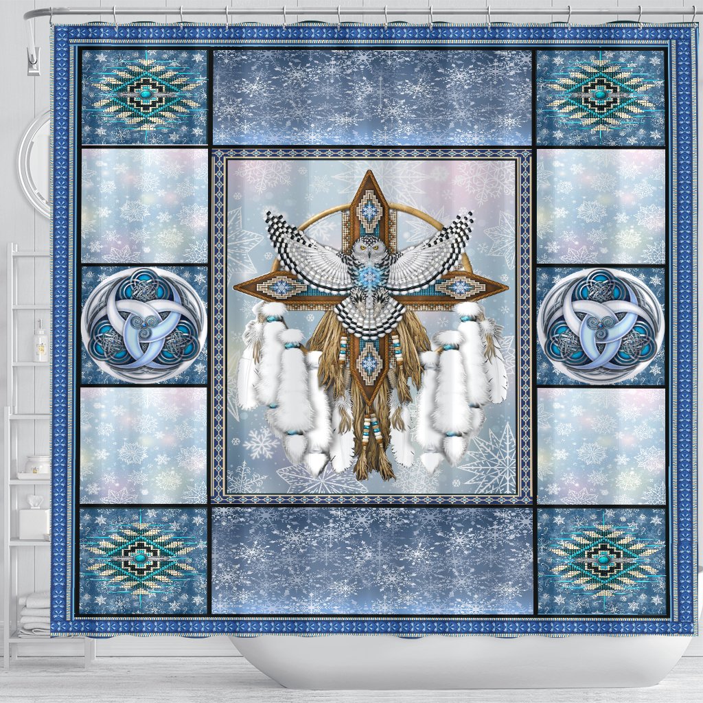 Snowy owl dreamcatcher shower curtain front view, blue winter pattern border and central owl design