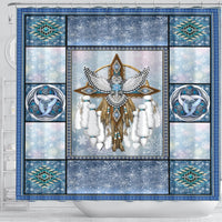 Snowy owl dreamcatcher shower curtain front view, blue winter pattern border and central owl design