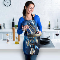 Blue galaxy apron featuring a dreamcatcher graphic with hanging blue beads and feathers