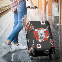 Kofferschutzhülle mit Bisonkopf-Skull und roten Blumen, schwarze Farbe