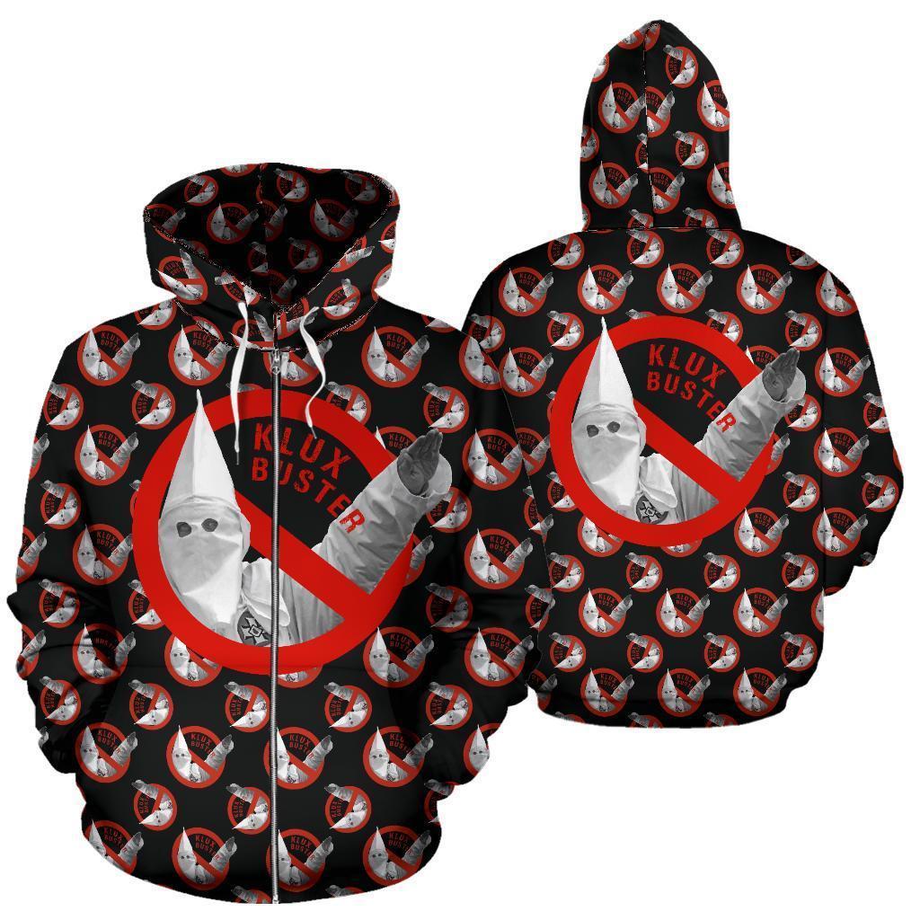 Black zip hoodie, red & white “Klux Buster” heart graphic with repeating hooded icons