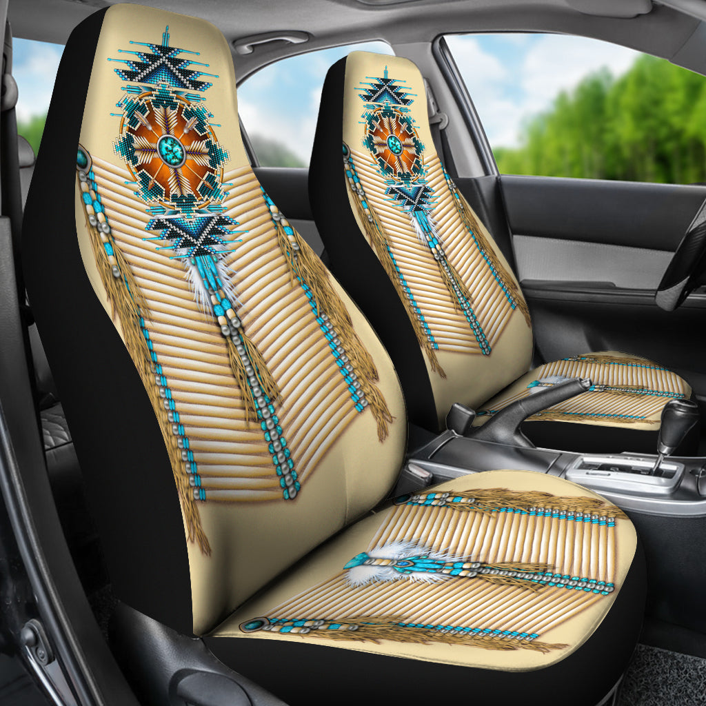 Turquoise tribal breastplate seat covers shown on front seats with matching cushion pattern