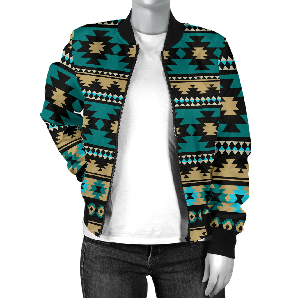 Teal Aztec bomber jacket with black ribbed cuffs and front zipper, worn over a tee
