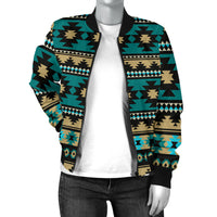 Teal Aztec bomber jacket with black ribbed cuffs and front zipper, worn over a tee