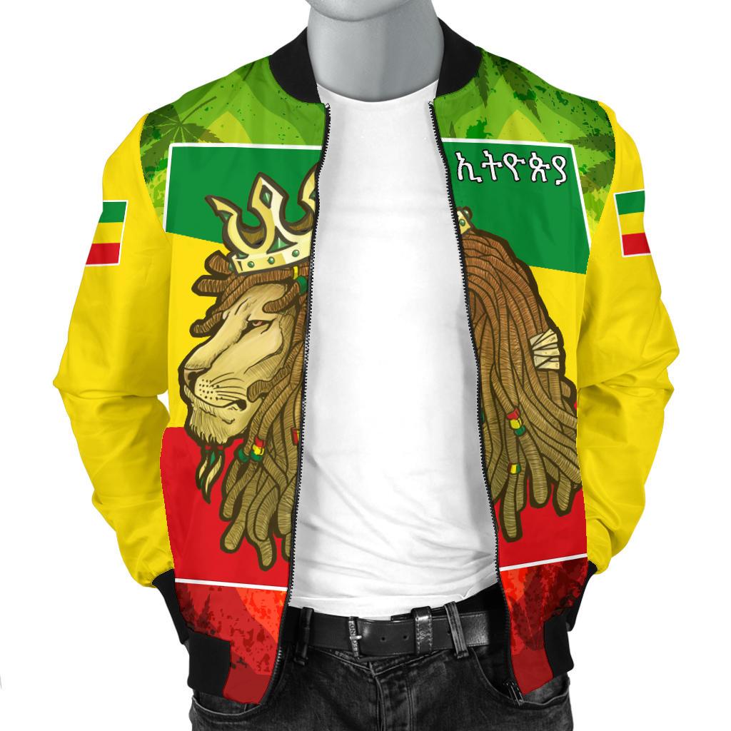 Front bomber jacket with lion graphic and Ethiopian flag colors, black collar and zipper