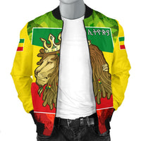 Front bomber jacket with lion graphic and Ethiopian flag colors, black collar and zipper
