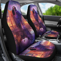 Purple galaxy girl and eagle seat covers on front seats, headrests and seat cushions