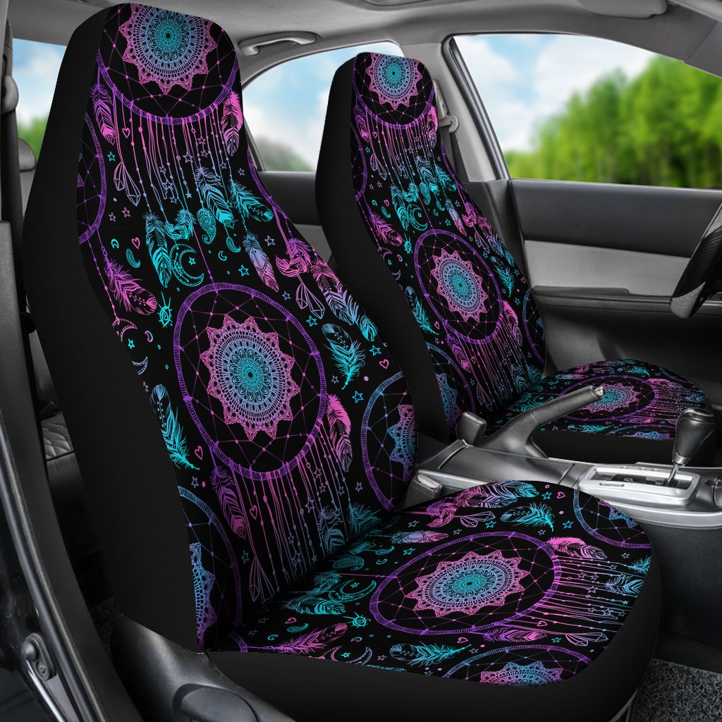 Multicolor dreamcatcher-pattern front car seat covers on seats with headrest and cushion