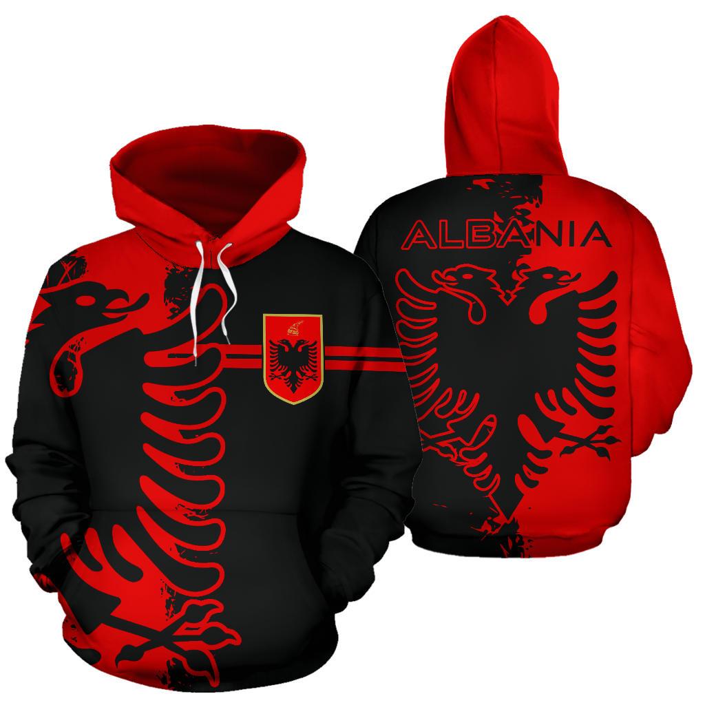 Albania flag pullover hoodie, black with red eagle crest and graphic on front and back