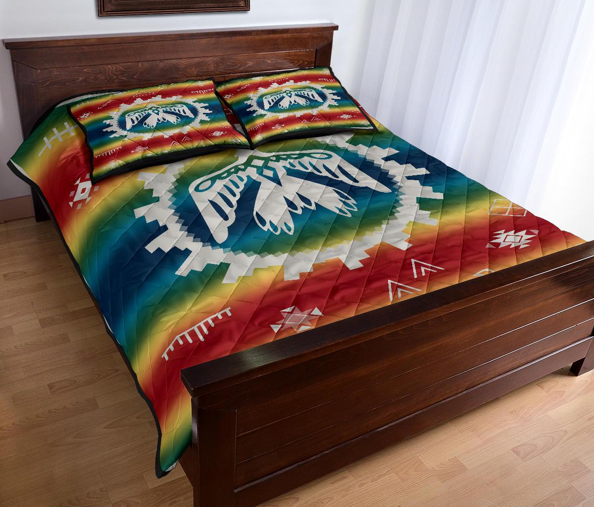 Rainbow quilt bed set with eagle centerpiece and two matching pillow covers, red teal
