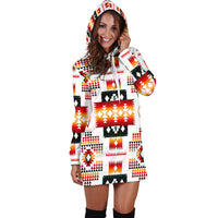 Hoodie dress in multicolor geometric pattern with attached hood and long sleeves
