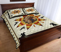 Colorful Native star quilt bed set with two pillows, horse figures on white ground